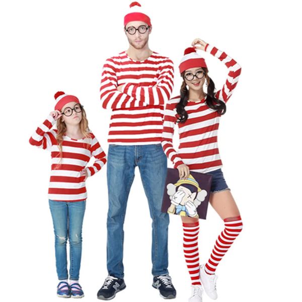 Abiti coordinati per la famiglia Parentchild Dov'è Wally Costume Waldo Book Week Fancy Dress Outfit Camicia a righe Cappello Occhiali Kit 231212