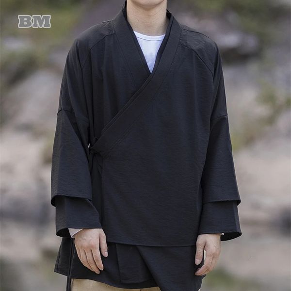 Ethnische Kleidung Chinesisches traditionelles Kleid Plus Größe Baumwolle Leinen Hanfu für Männer Stil Schwarzer Mantel Vintage Casual Tops Männlich 231212