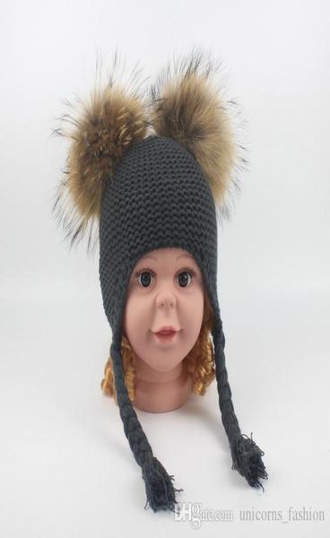 Cappello a maglia Bambini carini cappelli invernali due pellicce finte pompom cappello da cappello a maglia berretto a maglia orecchie caldi auricolare berretti per bambini spessi cingi9768638483