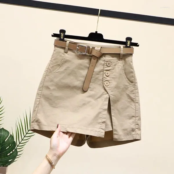 Shorts feminino cintura elástica cor sólida retalhos botão bolsos 2023 verão alta casual coreano all-match pant saias