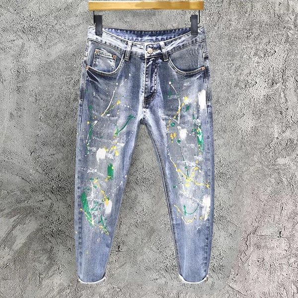 Erkekler Kot Fall Splash Ink İnce Erkek Motosiklet Pantolon Fit Boya Dilenci Jean America Sokak Giyim Hombres