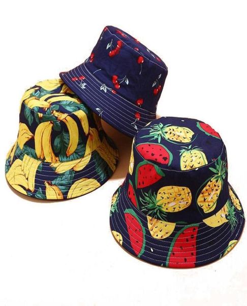 Berets Panamá Bucket Chapéus Mulheres Homens Reversíveis Frutas Banana Melancia Cereja Impressão Pescador Chapéu Casual Harajuku Hip Hop Cap3457074