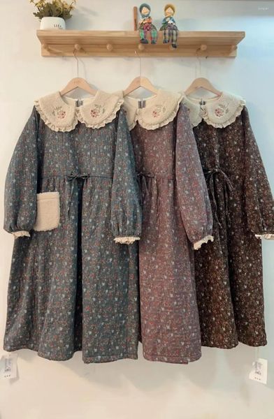 Frauen Trenchcoats Vintage Stickerei Baumwolle Leinen Lange Parkas Für Frauen Wonter Japanische Mori Mädchen Lose Gepolsterte Dicke Warme mantel