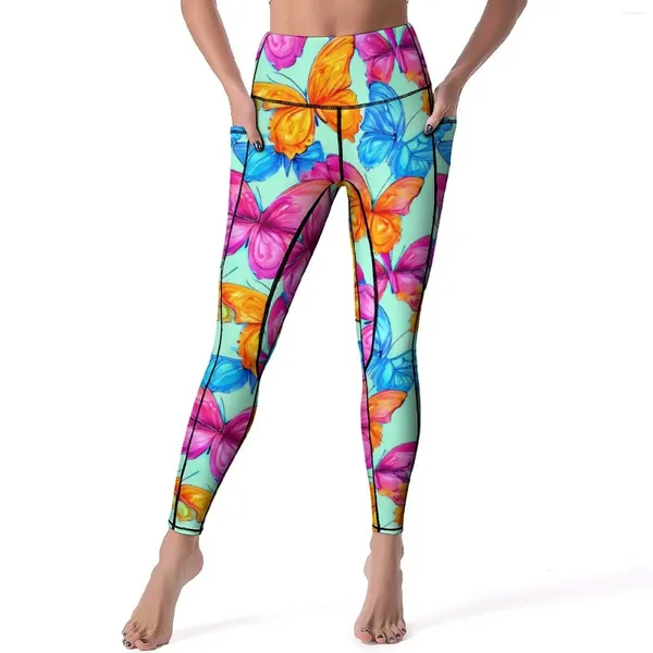 Leggings femininas borboleta colorida sexy animal impressão fitness yoga calças de cintura alta secagem rápida esporte legging bolsos bonito personalizado leggins