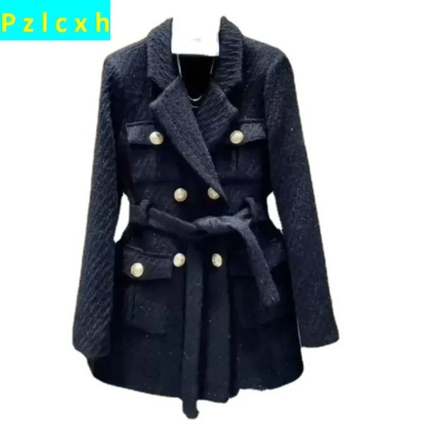 Damenanzüge Blazer Deluxe Herbst Winter Haute Tweed Anzugjacke Temperament Schnürung Zweireiher Oberteil Dick Warm V-Ausschnitt 231213