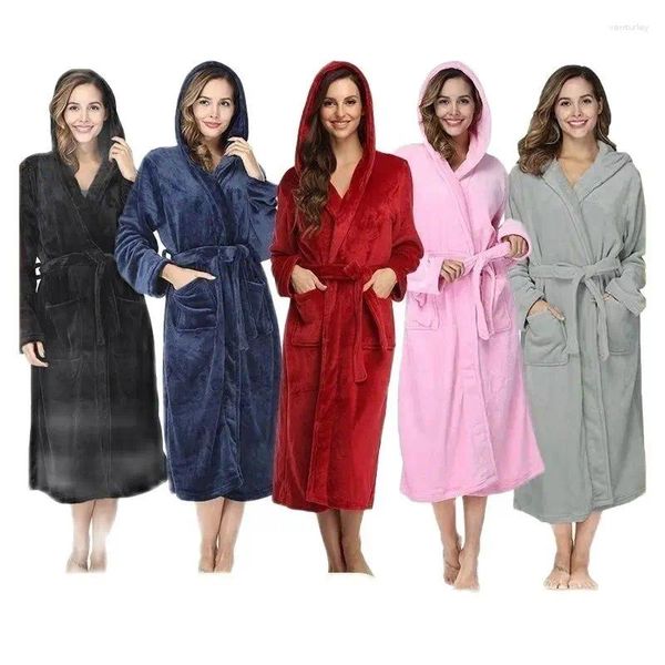 Damen-Nachtwäsche, einfarbig, Übergröße, Kapuzen-Nachthemd, Homewear, El-Herbst- und Winter-Pyjama, verlängerter Flanell-Paar-Bademantel, Bademantel