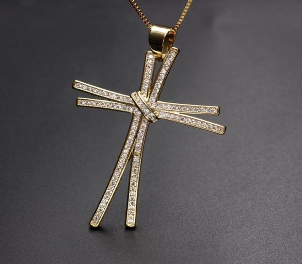 Design exclusivo de luxo completa pavimentar zircônia cúbica cruz pingente colar cor ouro corrente charme personalidade feminina colar jóias y121063928