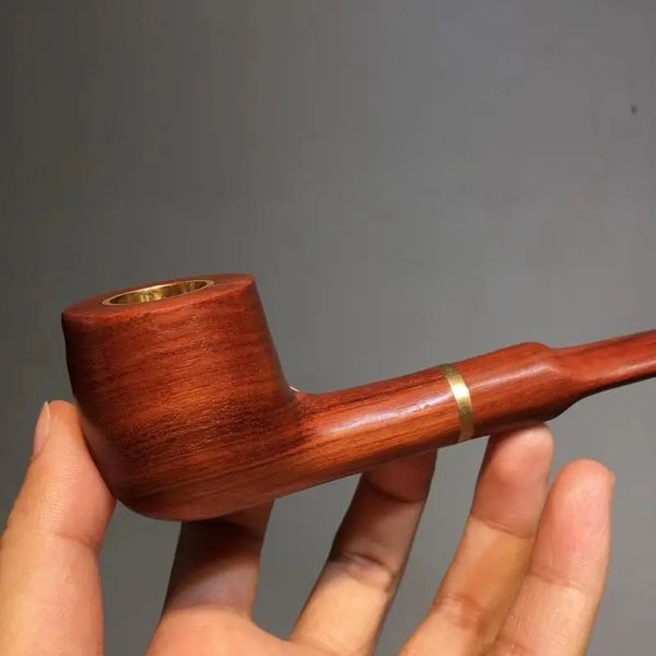 Tubo fatto a mano in legno massello da 1 pezzo, tubo in ottone conveniente Tubo speciale per tabacco con filtro in rame puro vecchio stile a duplice uso da uomo