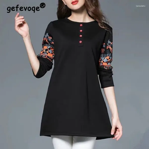 Camisetas femininas roupas moda coreana vintage estilo étnico impressão elegante camisetas casuais em torno do pescoço manga longa solta básica túnica topos