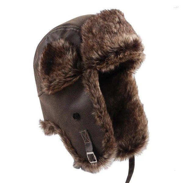 Berets inverno falso pele de couro bombardeiro chapéus homens 2023 outono quente russo ushanka chapéu com aba de orelha trapper neve piloto boné earflap