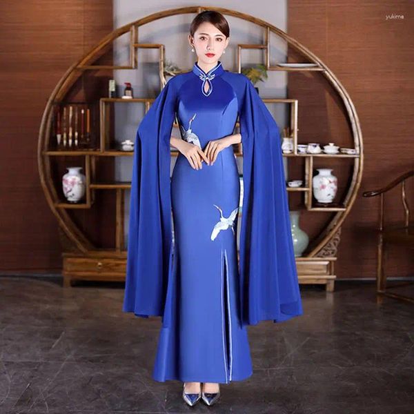 Этническая одежда, китайский традиционный Cheongsam, женский костюм с летающими рукавами и вышивкой, длинный костюм для прогулок, платье Qipao, платье размера плюс 5XL