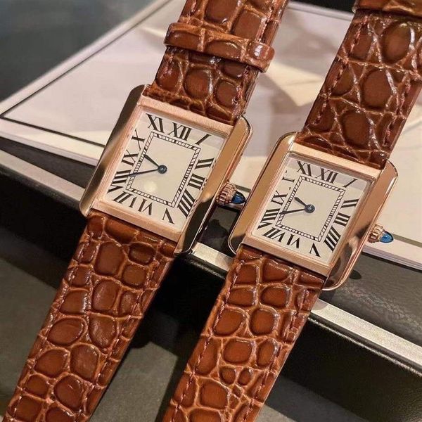 24mm 27mm Orologio da polso con serbatoio in pelle marrone Donna Uomo Numero romano geometrico Orologio Coppie Rettangolo Vetro Orologi Donna Uomo Sapphir304T