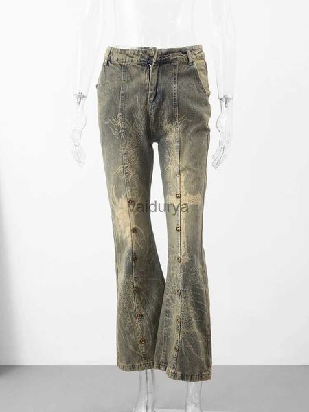 Pantaloni da donna Capris Hip Hop Rivetto Stampa grande Pantaloni a campana Pantaloni Donna Denim Trourse Jeans a vita alta retrò Slim Straight Long Street Pantaloni casual YQ231213