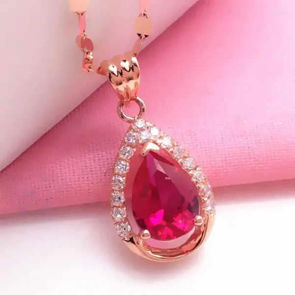 Цепочки из фиолетового золота 585 пробы, ожерелье для женщин, модное ожерелье высокого уровня с покрытием 14 К, розово-красный драгоценный камень, подвеска в форме капли воды, свадебные украшения