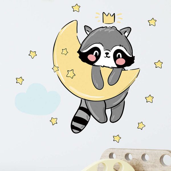 Pegatinas de pared de animales con dibujos de mapache, luna dorada, estrellas, animales para habitación de niños, pegatinas de pared de habitación, pegatinas decorativas para el hogar