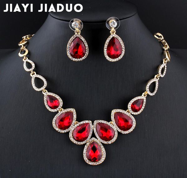 Ganzes jiayijiaduo afrikanisches Schmuckset Goldfarbenes Kristall-Halsketten-Set und Ohrringe für Frauen Roter Kristall-Hochzeitsschmuck3790257