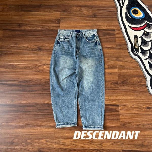 Jeans masculinos descendente casual japonês outono tendência dcdt pequena baleia logotipo remendo lavagem vintage perna reta solta calças largas