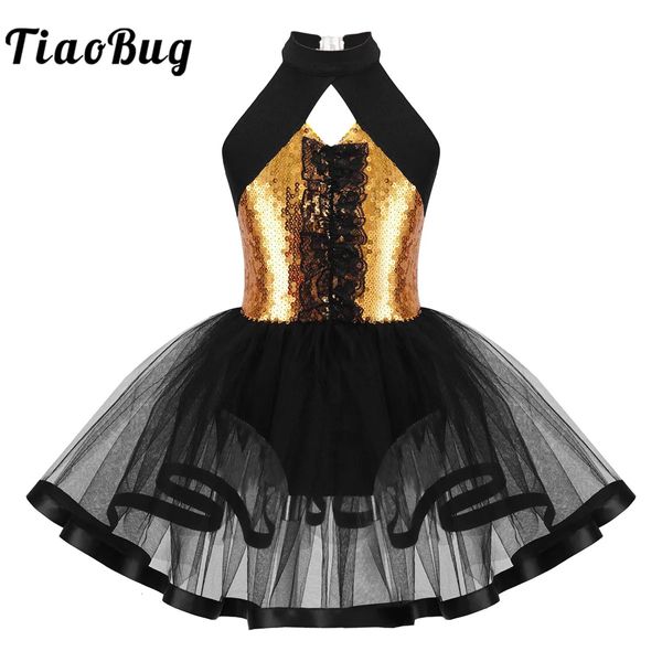 Dancewear crianças meninas lantejoulas ballet dança tutu vestido brilhante halter ginástica collant moderno latino jazz dança roupas 231213