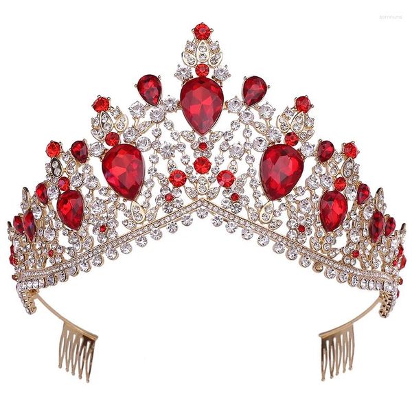 Grampos de cabelo vermelho cristal noiva coroa com pentes luxo strass tiaras headwear pageant aniversário festa nupcial vestido de casamento jóias