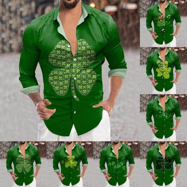 Camisas casuais masculinas Mens St. Day Digital 3D Impresso Botão Lapela Camisa de Manga Longa Top Étnico Vintage Retro