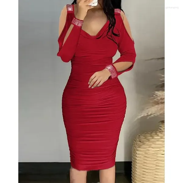 Vestidos casuais strass bainha apertado vestido pilha colar baixo corte tendência sexy magro ajuste plissado manga longa vermelho midi