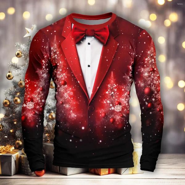 Suéteres masculinos 2023 Moda Pulôver Manga Longa Camisetas 3D Impresso Simulação Gráfico Feliz Natal Casual Básico O-pescoço Street Tee