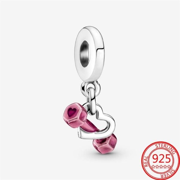 Altro 100% argento sterling 925 rosa con manubri cuore ciondola fascino braccialetto da 3 mm S925 gioielli fai da te regalo Girl259M