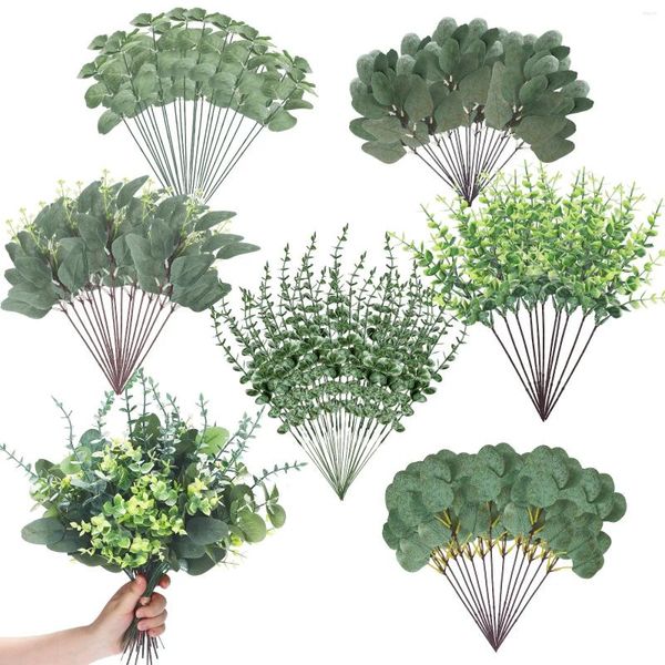 Fiori decorativi 120 pezzi 6 tipi misti di foglie di eucalipto steli sfusi verde artificiale raccoglie bundle per vaso di nozze decorazione floreale