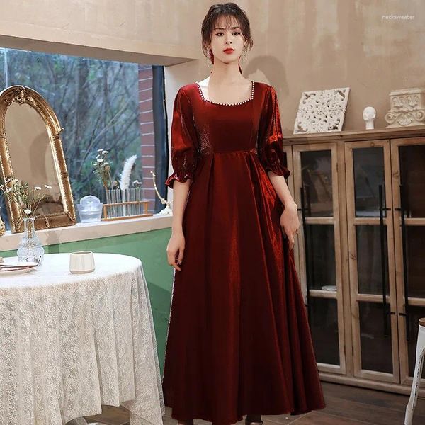 Abbigliamento etnico elegante colletto quadrato Burgundy High Waist A-Line Abito da sera Cheongsam con cerniera prigioniera del prigioniera di fomail abito vestidos de noche