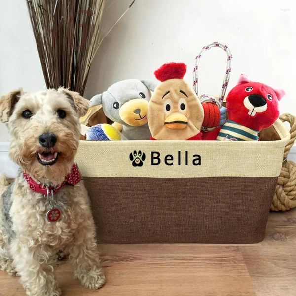 Vestuário para cães personalizado cesta de armazenamento de brinquedos para animais de estimação saco de lona dobrável brinquedos de gato caixa de linho acessórios suprimentos