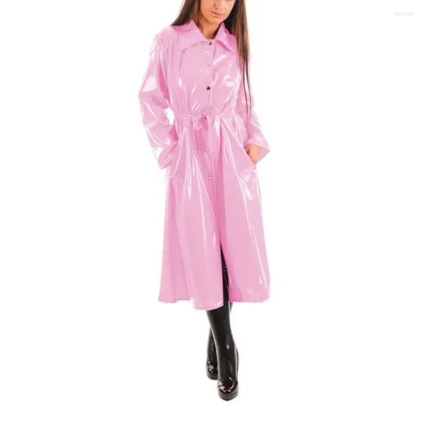 Damen-Trenchmäntel, weiblich, glänzendes PVC-Leder, Umlegekragen, Midi-Damen-Streetwear, lange Ärmel, Knopfleiste, A-Linie, Sissy-Fetisch