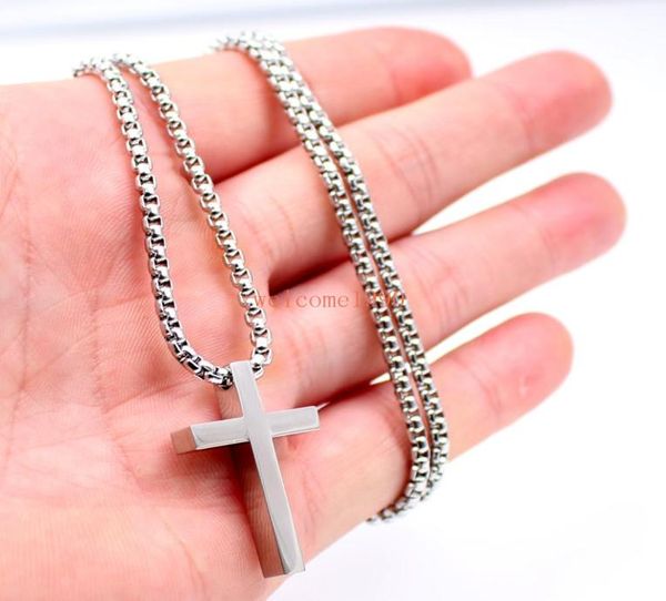 Schmuck silberfarben Edelstahl poliert riesige Kreuz Anhänger Halskette 24 Zoll 3 mm Rolo Box Kette für Damen Herren Weihnachtsgeschenke1178692