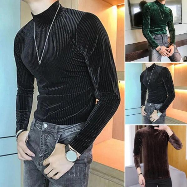 Homens camisetas Outono Inverno Homens Top Mock Collar Elástico Slim Fit Macio Quente Listrado Casual Pulôver Manga Longa Bottoming Suéter