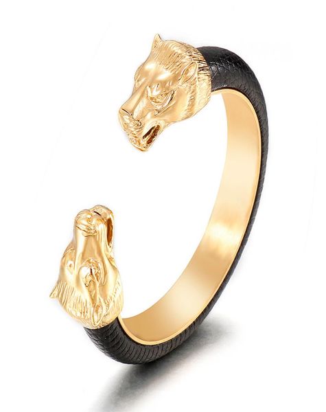 Pulseiras abertas de cabeça de leão de aço inoxidável douradas para homens elásticos ajustáveis pulseiras de couro masculino meninos acessórios de mão joias 6124887
