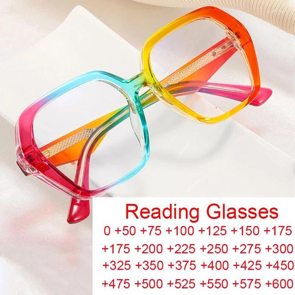 Sonnenbrille für Damen, Designer-Lesebrille, luxuriös, quadratisch, Regenbogenfarben, großer Rahmen, Anti-Blaulicht-Optik, verschreibungspflichtige Brillen, Plus 2,5