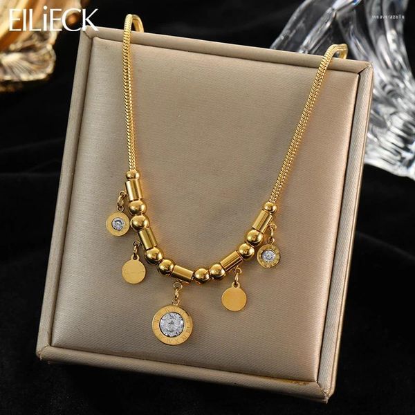 Anhänger Halsketten EILIECK 316L Edelstahl Römische Ziffern Zirkon Halskette Für Frauen Trendy Gold Farbe Nicht-verblassende Ketten Kragen Schmuck