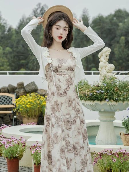 Vestidos casuais estilo coreano verão floral impressão praia vestido longo mulheres roupas fahsion sem mangas espaguete cinta elegante festa