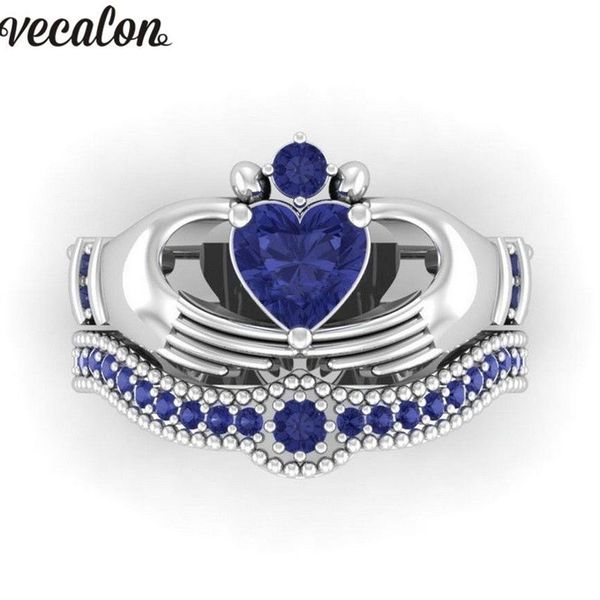 Vecalon amantes azul birthstone claddagh anel 5a zircon cz branco ouro cheio de noivado casamento anel conjunto para mulher masculino gift205e