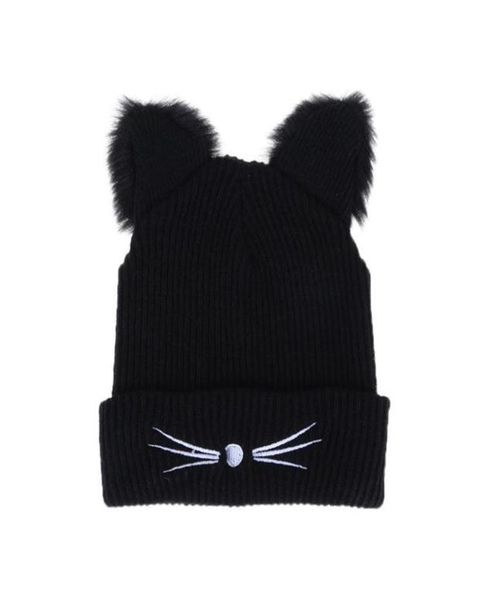 Chapéu de inverno quente para mulheres bonito orelhas de gato chapéu crânios chapéus pompom bonés feminino bonnet femme lã preto tricô trançado chapéu de pele y19011536