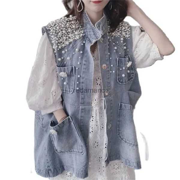 Kadın Ceketler İncileri Kadın Denim Vest Harajuku Gevşek Cep Kolsuz Kot Ceket Kadın Yaz Paltosu Moda Kovboy Yelek Gilet 5xl YQ231213