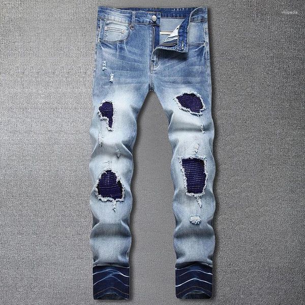 Herren Jeans Diamant Kontrastfarbe Herren Patchwork Skinny Loch Street Hip Hop Slim Männer für Motorradhosen