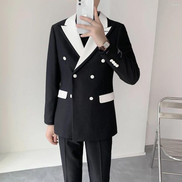 Ternos masculinos trespassado cavalheiro vestido de luxo terno casamento banquete jantar preto e branco com três peças