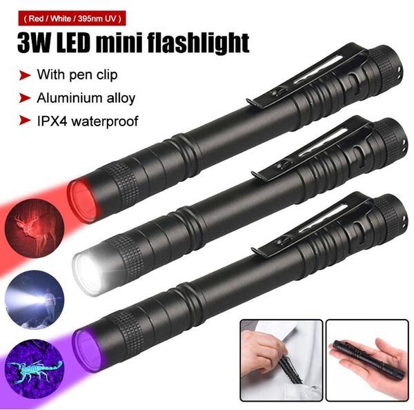 3 W Mini-LED-Taschenlampe, UV-Taschenlampe, weißes/rotes/lila Licht, Hand-Stiftleuchte, wasserdichte medizinische Taschenlampe, Taschenlampe mit Stift-Clip, Taschenlampe, Stromversorgung durch AAA-Batterie