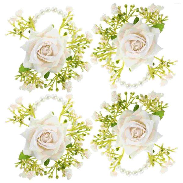 Anhänger Halsketten 4 Stück Handgelenk Blume Braut Corsage Riemen Rose Hochzeit Brautjungfer Seidenarmband Armband