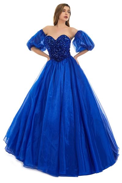 Royal Blue A Line Prom Party Dress 2024 Nuove paillettes Perline Sweetheart Corsetto Indietro Abiti da sera Quinceanera con maniche staccabili Robe De Soiree