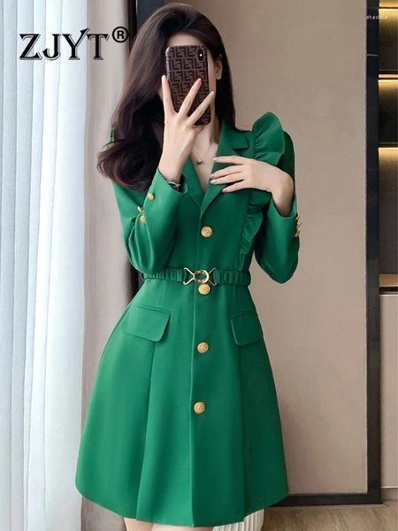 Vestidos casuais zjyt elegante outono babados blazer para mulheres 2023 designer manga longa único breasted escritório trabalho desgaste verde robe