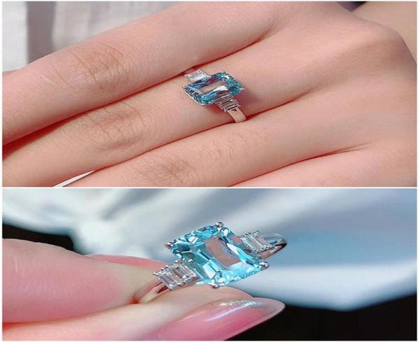 Cluster Rings Fashion Blue Crystal Aquamarine Topaz Gemstones Diamonds For Women White Gold Silver Color Jewelry Bague Bijoux Gift6298793