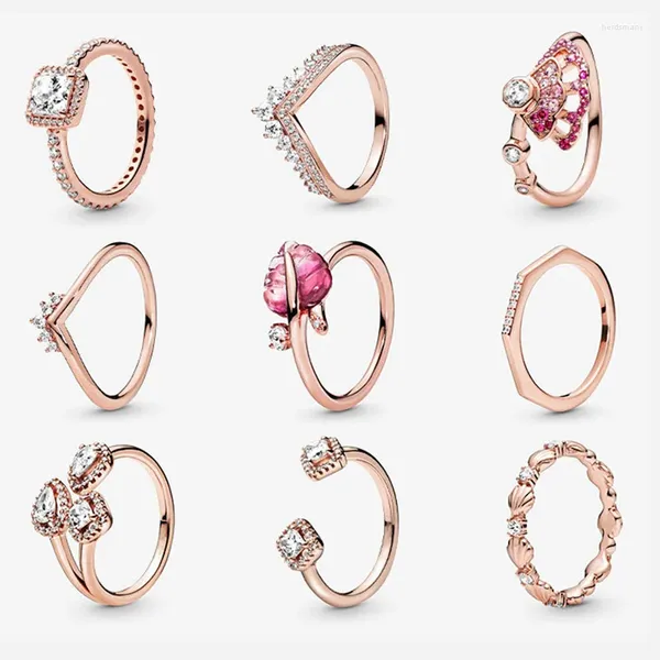 Cluster-Ringe LR Timeless Wish Heart Sparkling Rose Gold Pink Thin Tiara Wishbone Clear Three Stone Ring für Frauen Valentinstagsgeschenk