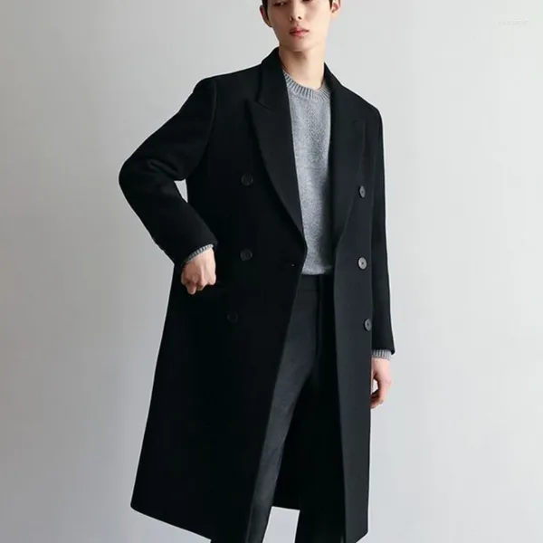 Trench Coats Masculinos Inverno Engrossado Casaco De Lã Preto Windbreakers Mid-Comprimento Na Altura Do Joelho Solto Casual High Street Overcoat Roupas Masculinas