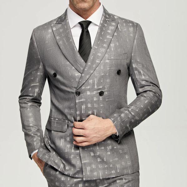 Roupas étnicas Jacquard cinza masculino Men Suits 2023 Casual Buttons 6 Buttons Wedding Grooms Wear Jaqueta Pants Formal Prom Dinner 231213